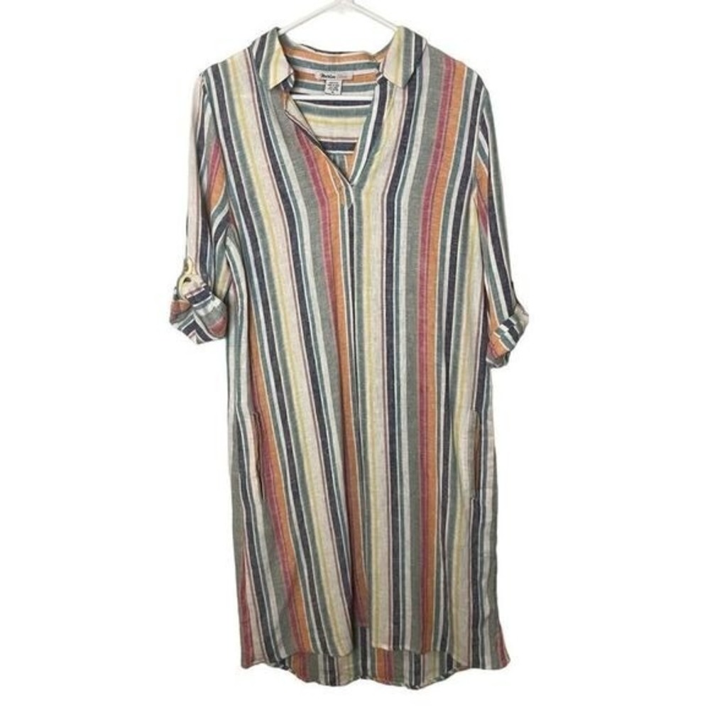 Marissa Olivia Striped Linen Rayon Collared‎ Button Front Midi Dress Size M